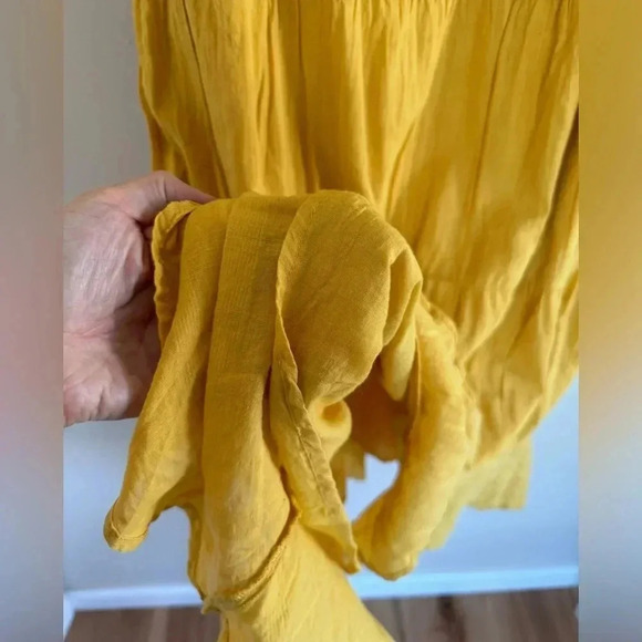 Midi Yellow Tiered Puff Sleeve Dress - V-Neck - 100% Cotton - Picture 9 of 10